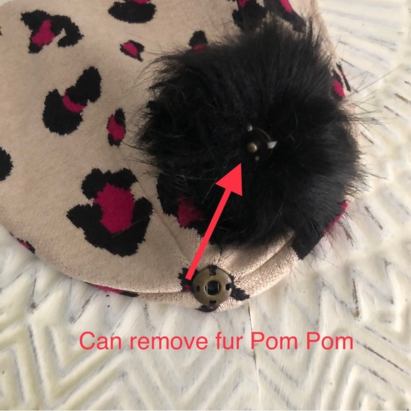 Chico's Berry Pink Leopard Print Beanie Hat Removable Faux Fur Pom Pom - Picture 5 of 10